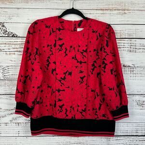 Womens VTG Leslie Fay Red & Black Floral Hemmed Banded Blouse USA Size 12 Petite